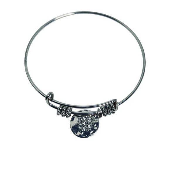 Silver Tone Bangle Bracelet With Round Rhinestone Charm (5800) - Picture 1 of 4